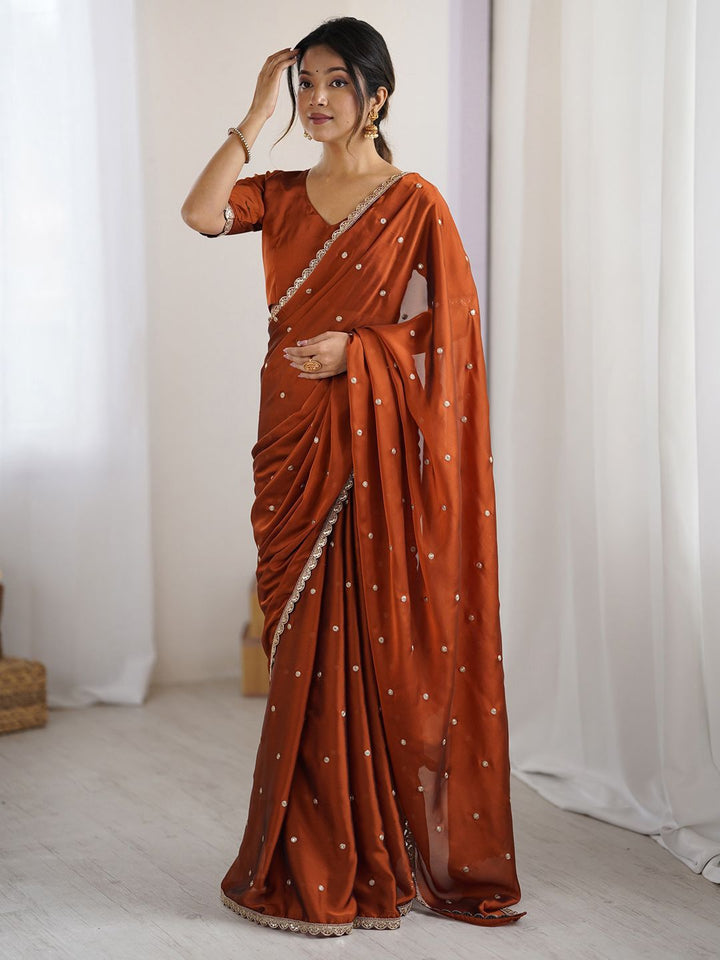 Royal Brown Georgette Saree with Golden Zari Lace Border & Sequin Work – Elegant Party & Wedding Wear