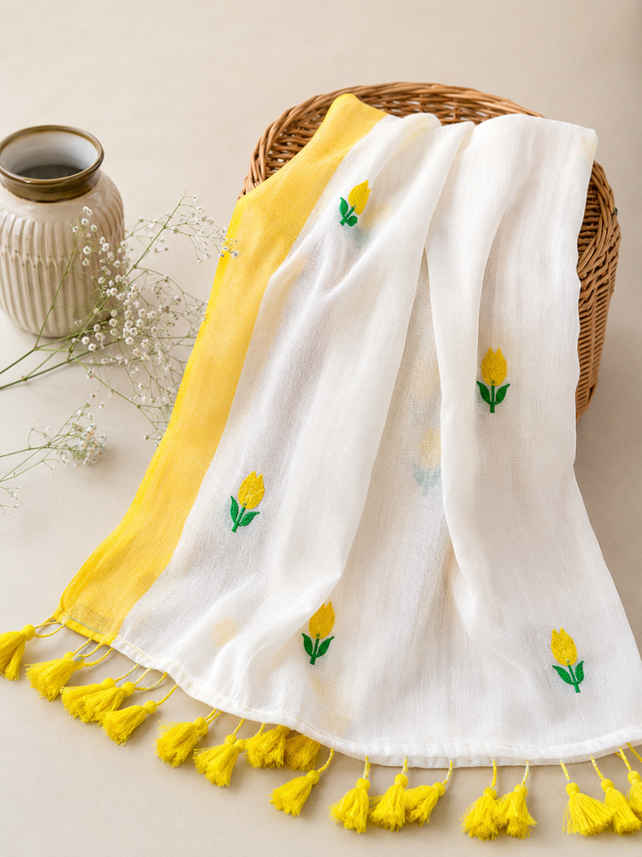 Mulmul Cotton Saree with Multicolored Checks and Handmade Tassels - 5.5 Mtr