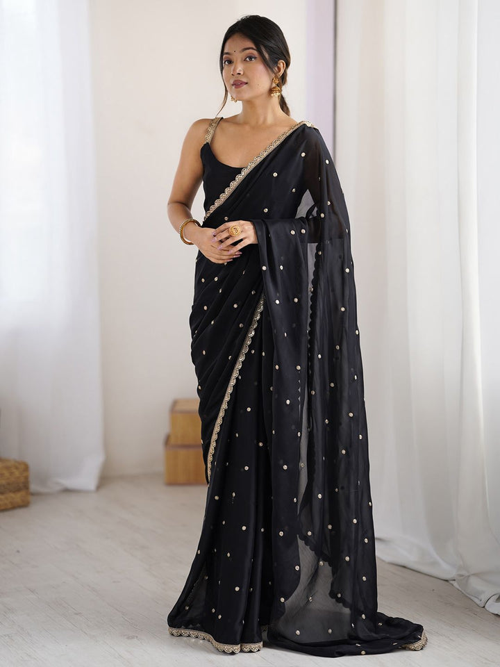 Royal Black Georgette Saree with Golden Zari Lace Border & Sequin Work – Elegant Party & Wedding Wear