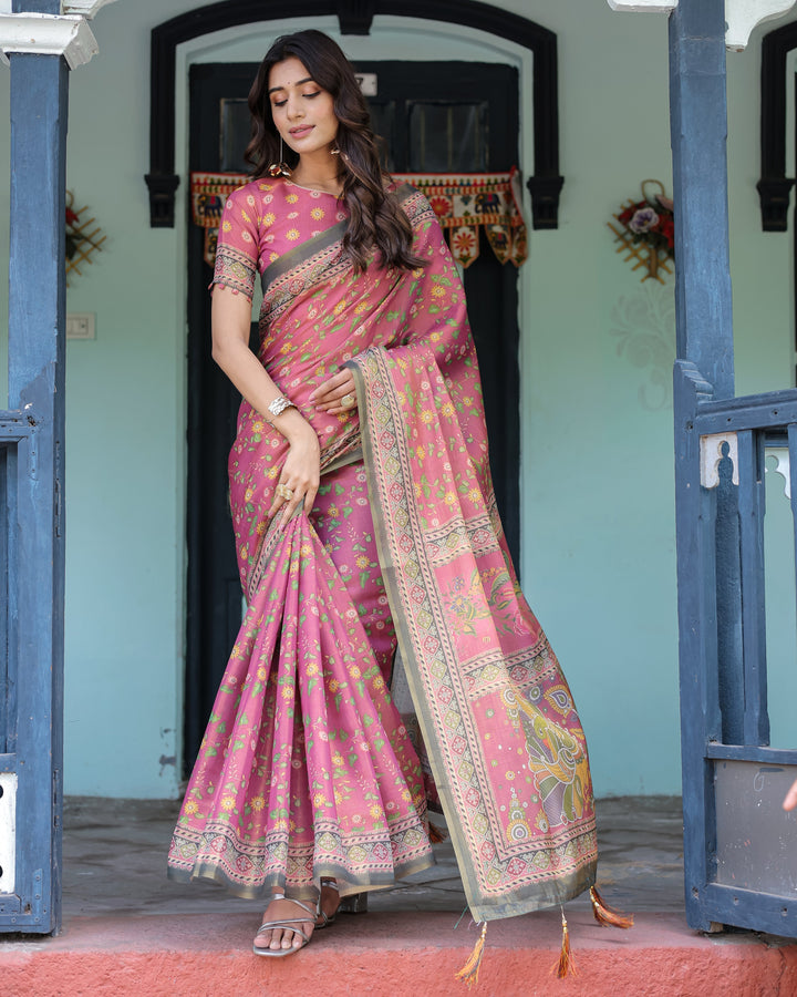 Rani Pink Handloom Cotton Saree with Yellow Floral Print & Royal Horse Pallu
