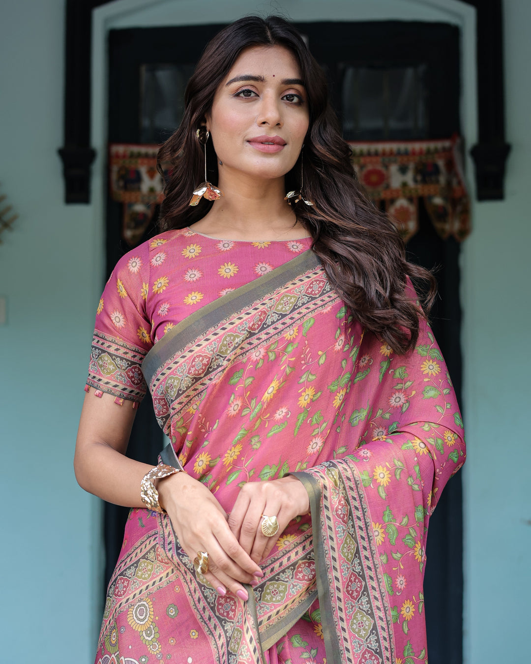 Rani Pink Handloom Cotton Saree with Yellow Floral Print & Royal Horse Pallu