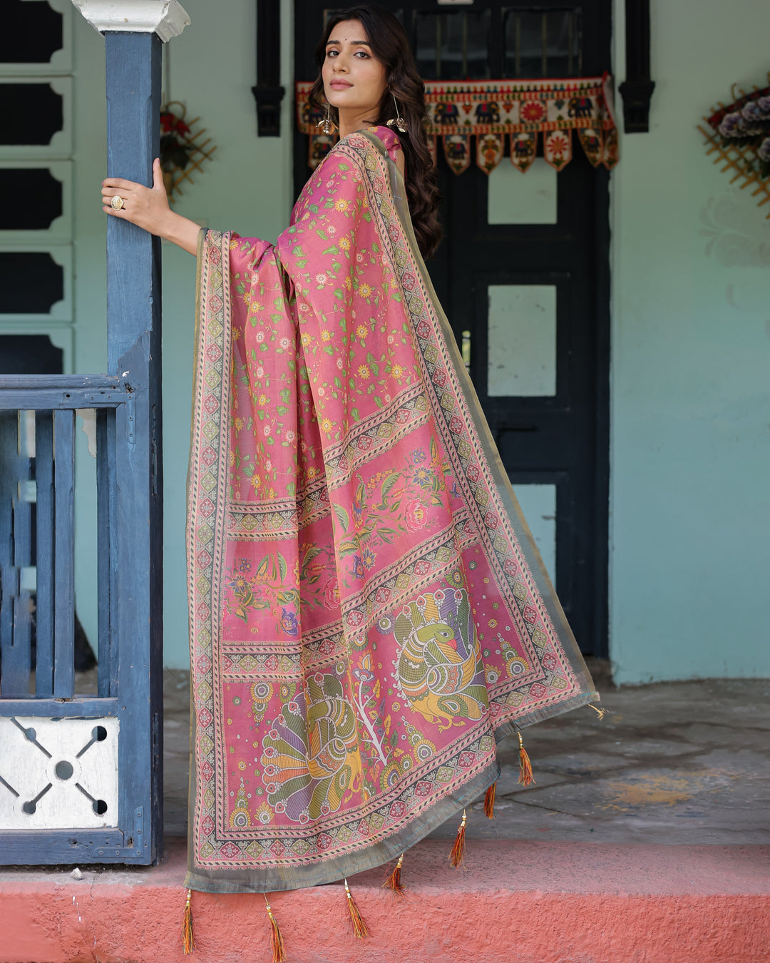 Rani Pink Handloom Cotton Saree with Yellow Floral Print & Royal Horse Pallu