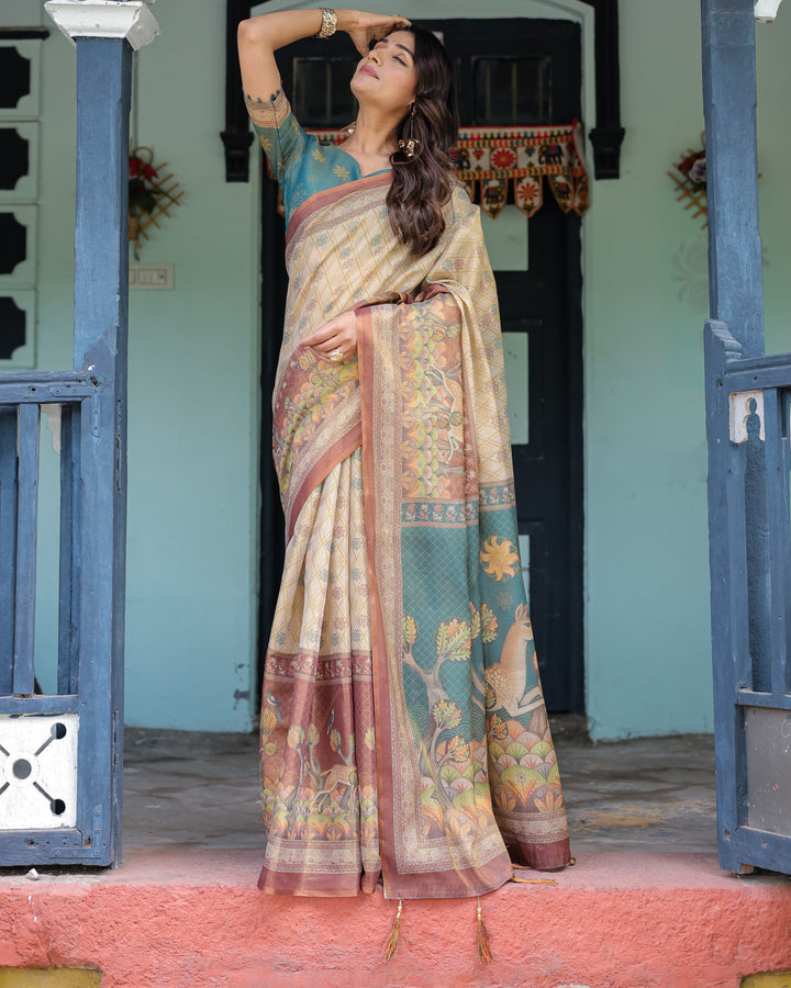 Beige Teal Handloom Cotton Saree with Diamond Buti Print & Enchanted Deer Forest Pallu