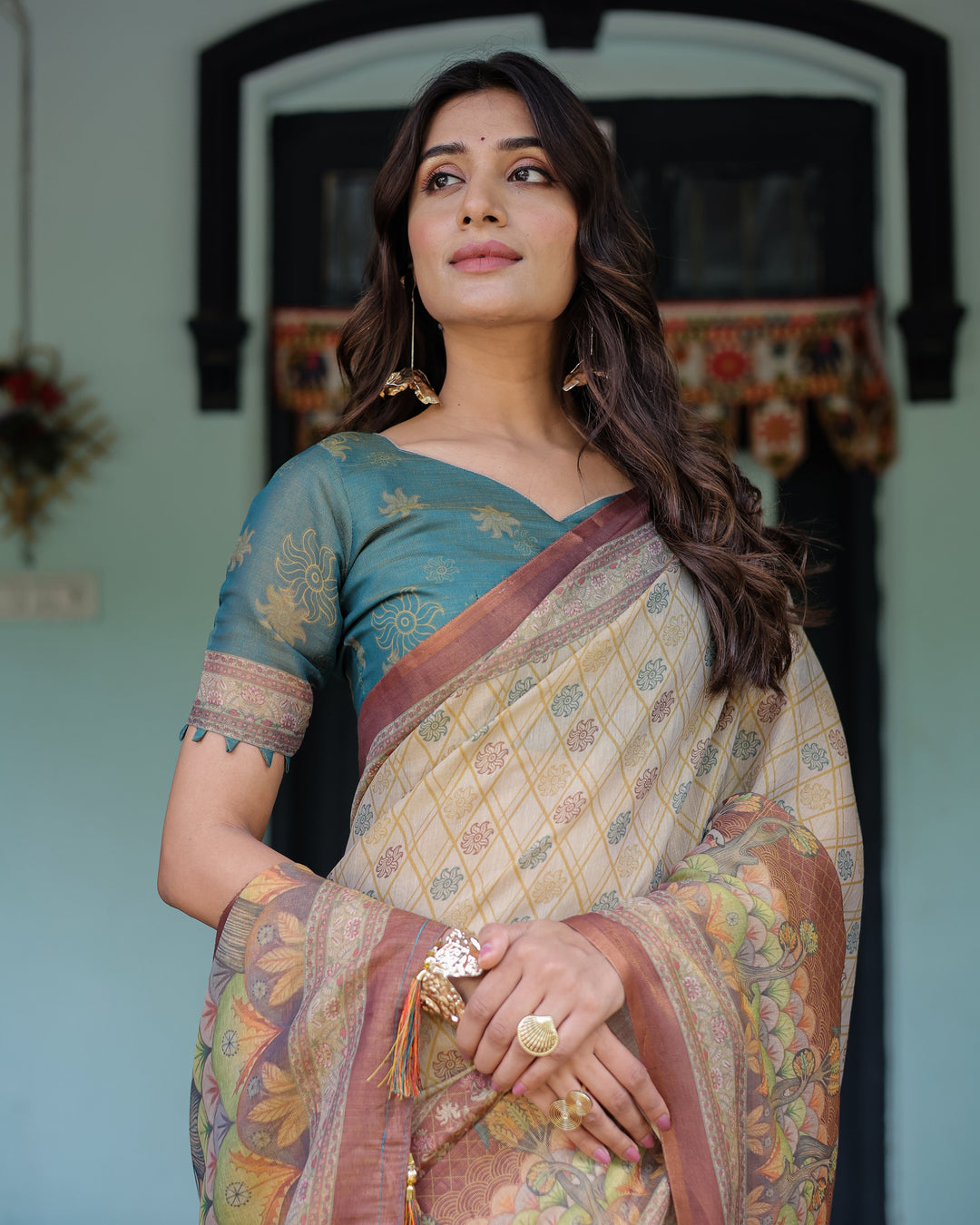 Beige Teal Handloom Cotton Saree with Diamond Buti Print & Enchanted Deer Forest Pallu