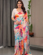 Ivory Satin Georgette Multicolor Abstract Floral Printed Saree with Attached Blouse – Flowing Designer Saree for Festive & Party Wear