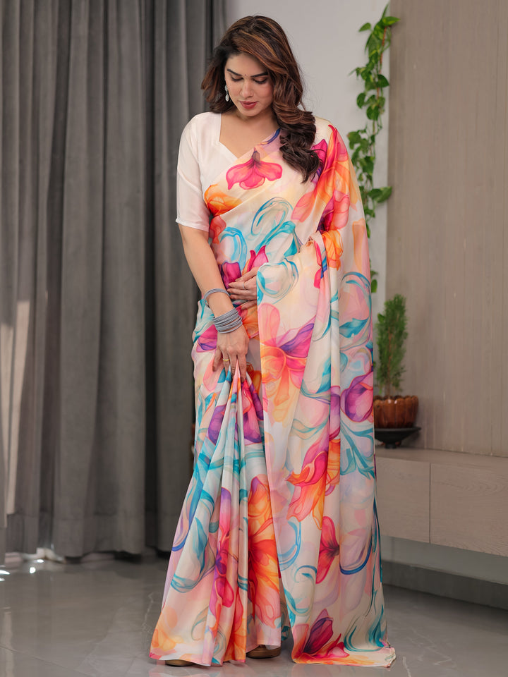 Ivory Satin Georgette Multicolor Abstract Floral Printed Saree with Attached Blouse – Flowing Designer Saree for Festive & Party Wear