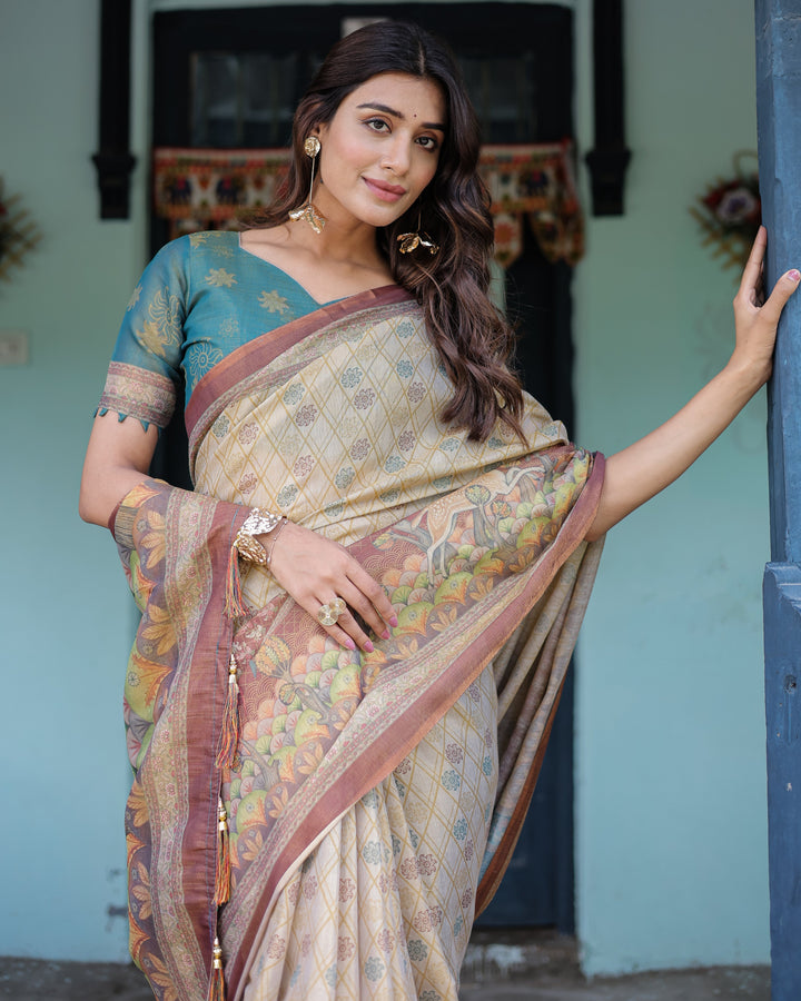 Beige Teal Handloom Cotton Saree with Diamond Buti Print & Enchanted Deer Forest Pallu