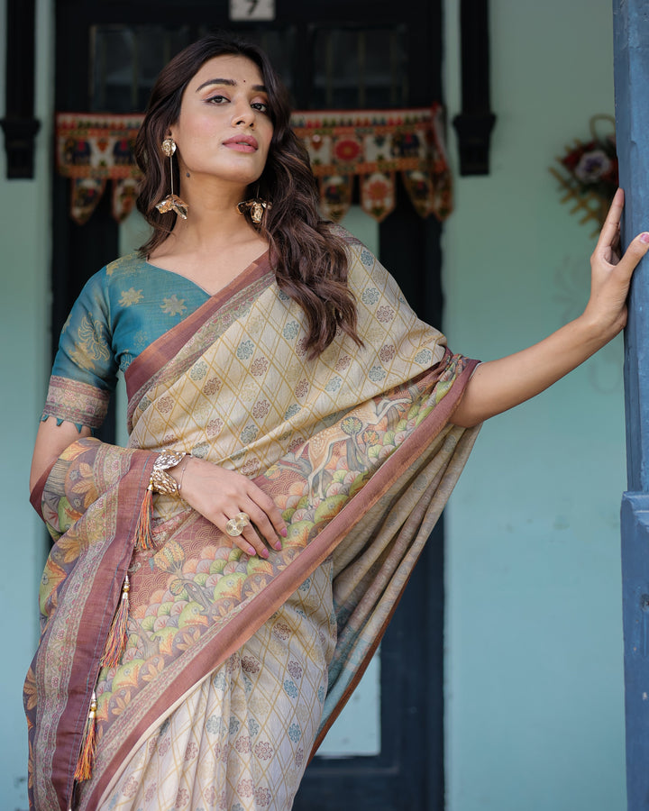 Beige Teal Handloom Cotton Saree with Diamond Buti Print & Enchanted Deer Forest Pallu
