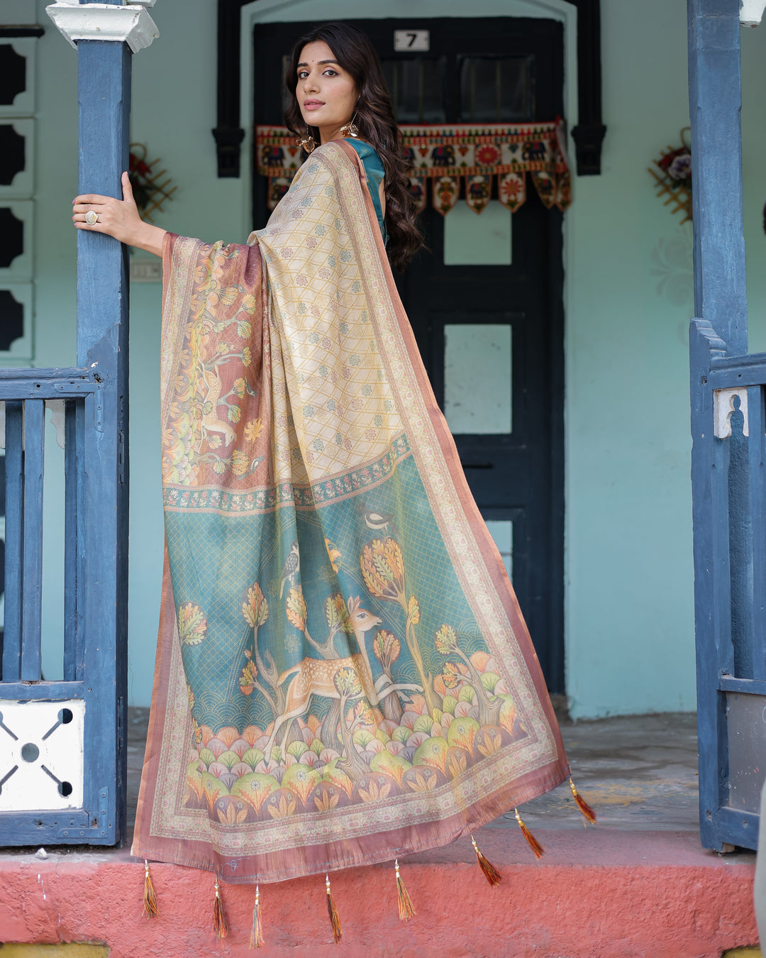 Beige Teal Handloom Cotton Saree with Diamond Buti Print & Enchanted Deer Forest Pallu