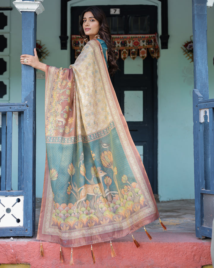 Beige Teal Handloom Cotton Saree with Diamond Buti Print & Enchanted Deer Forest Pallu