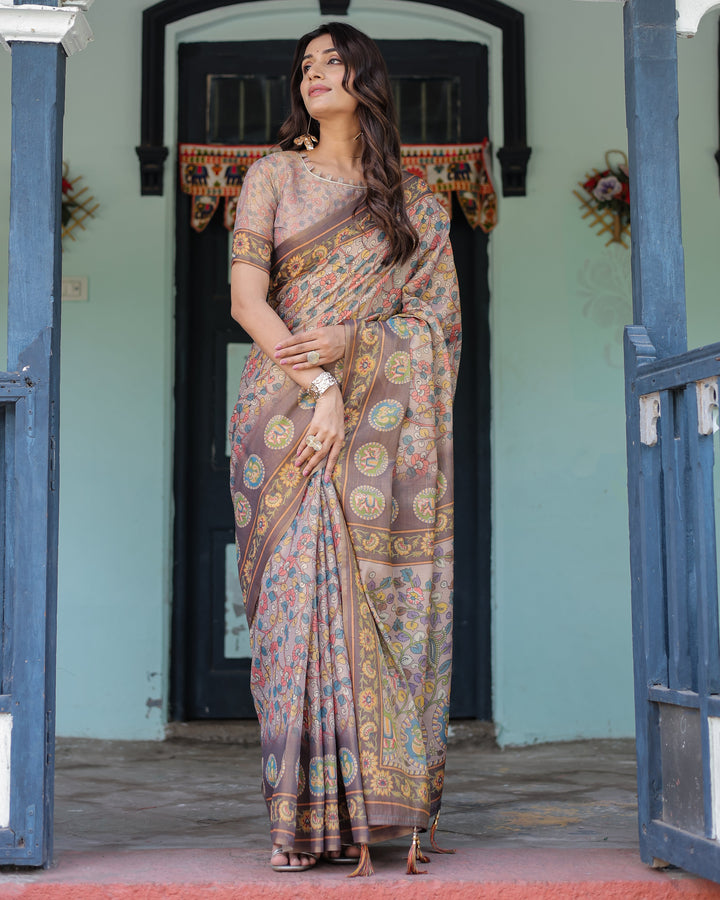 Mauve Beige Handloom Cotton Saree with Pastel Floral Print & Royal Tree-Elephant Pallu