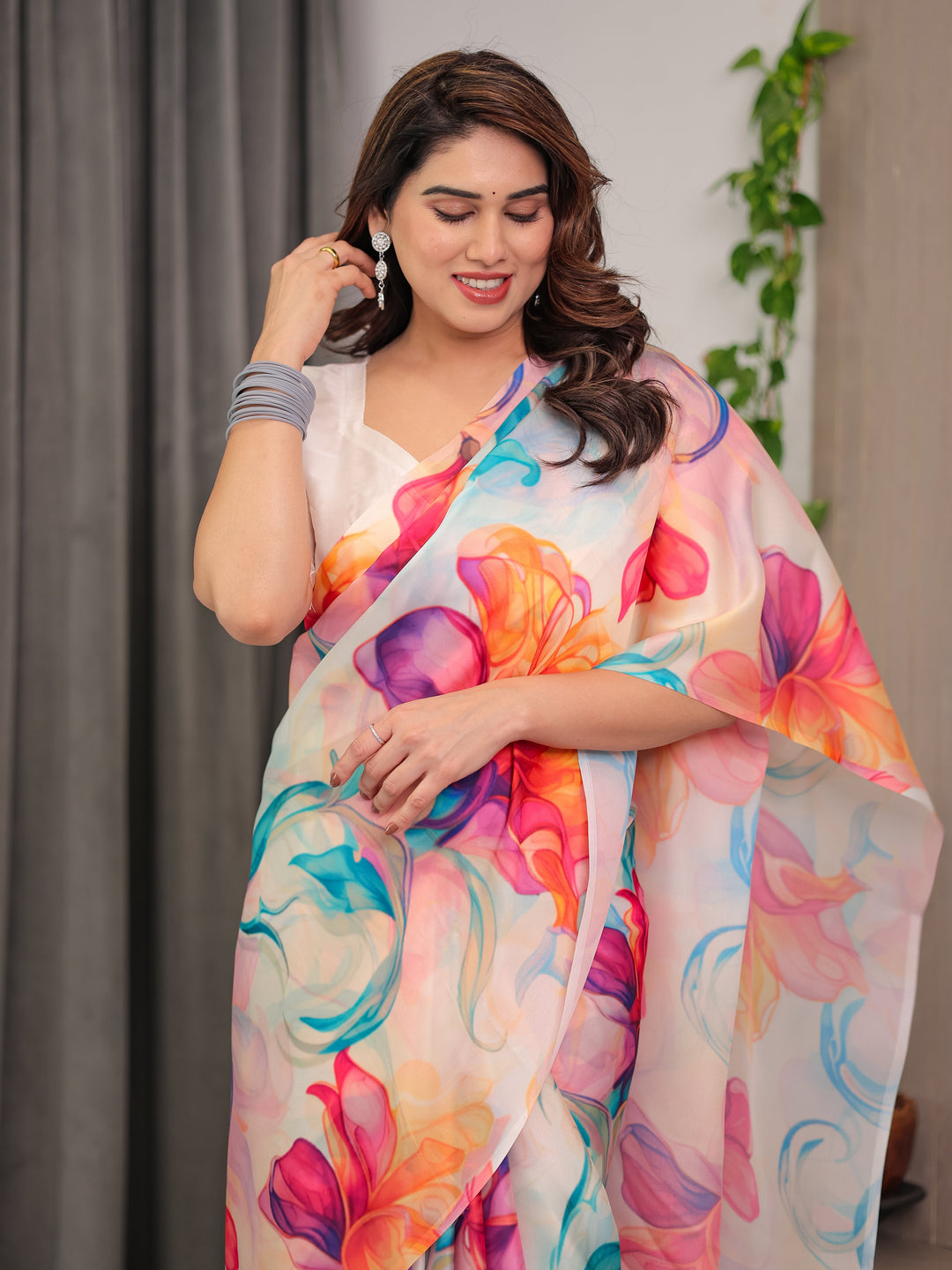 Ivory Satin Georgette Multicolor Abstract Floral Printed Saree with Attached Blouse – Flowing Designer Saree for Festive & Party Wear
