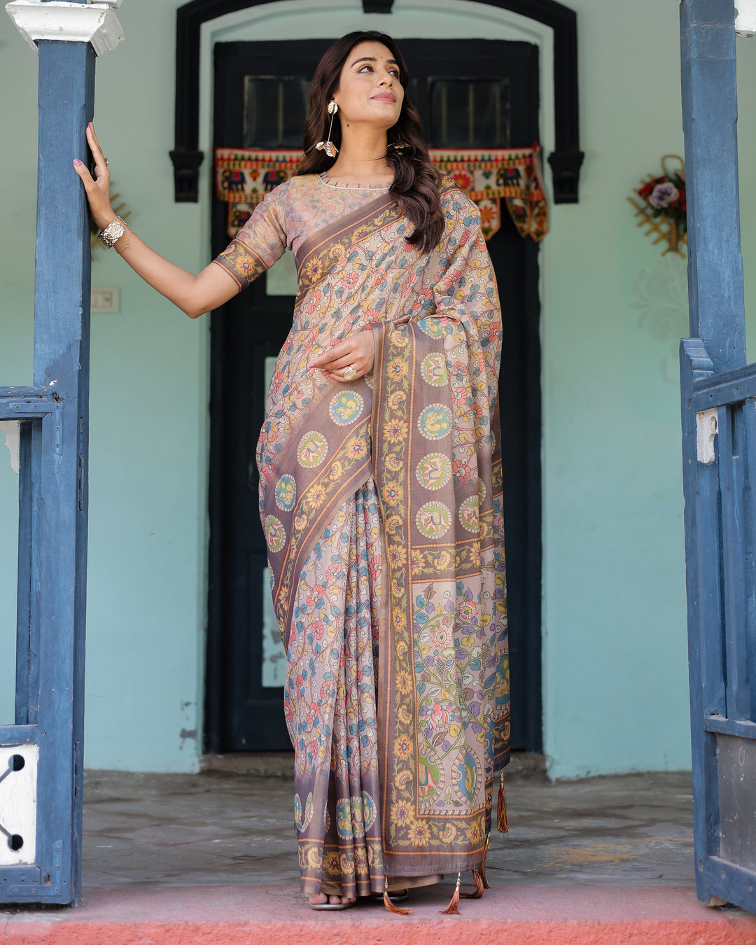 Mauve Beige Handloom Cotton Saree with Pastel Floral Print & Royal Tree-Elephant Pallu