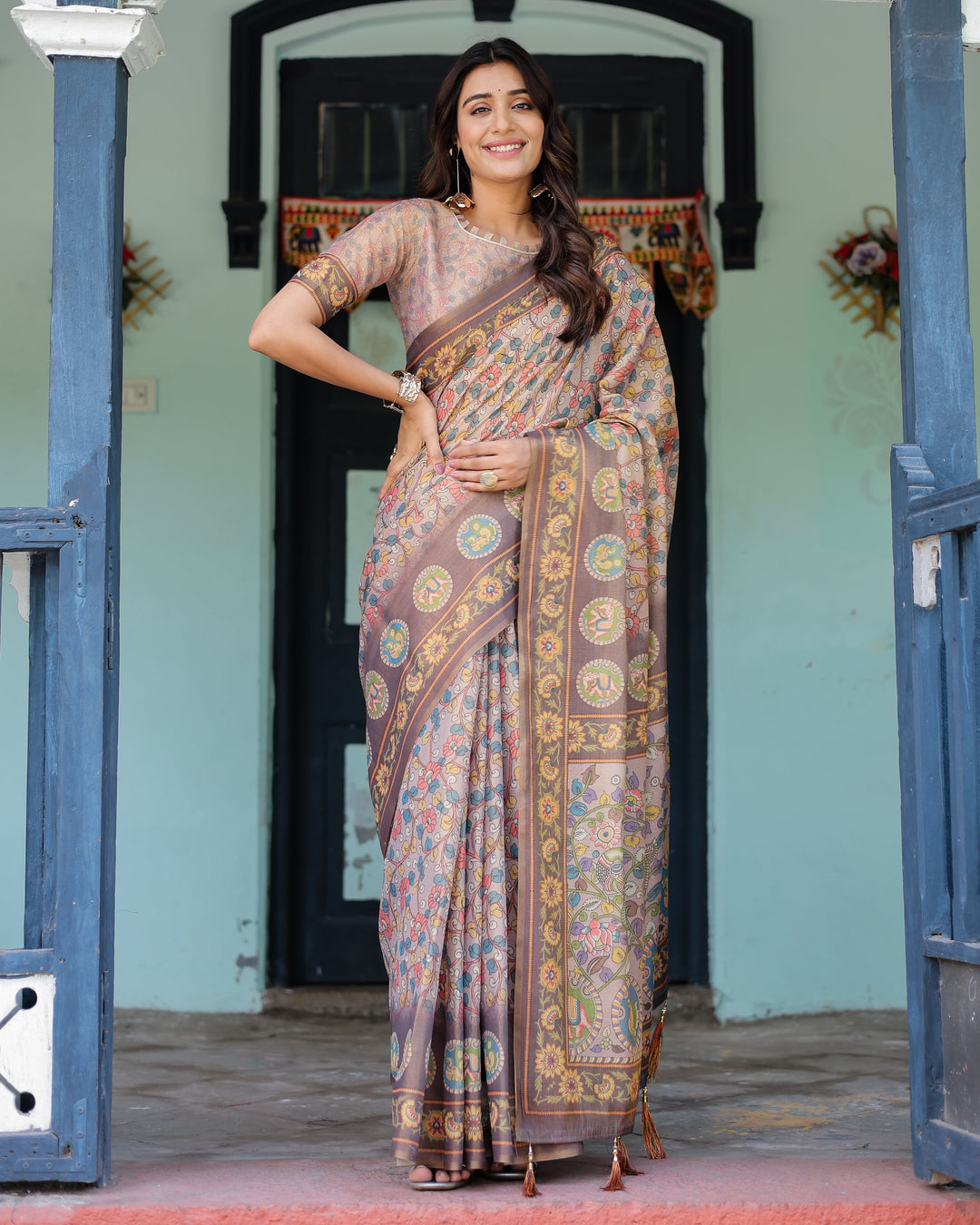 Mauve Beige Handloom Cotton Saree with Pastel Floral Print & Royal Tree-Elephant Pallu