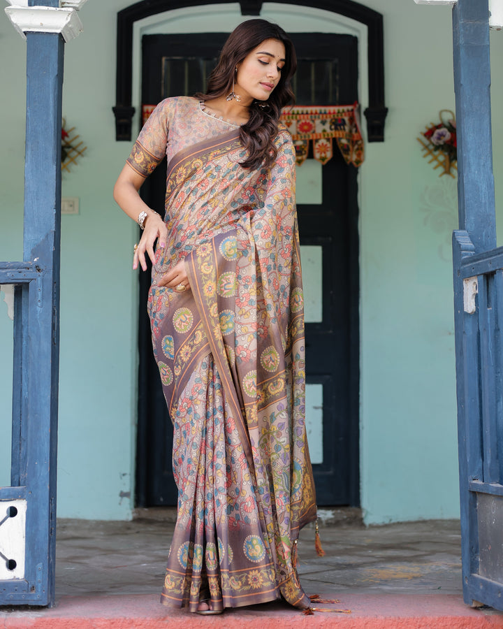 Mauve Beige Handloom Cotton Saree with Pastel Floral Print & Royal Tree-Elephant Pallu