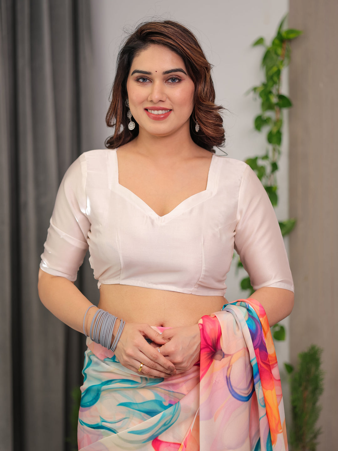 Ivory Satin Georgette Multicolor Abstract Floral Printed Saree with Attached Blouse – Flowing Designer Saree for Festive & Party Wear