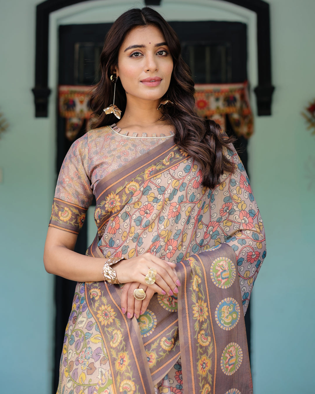 Mauve Beige Handloom Cotton Saree with Pastel Floral Print & Royal Tree-Elephant Pallu