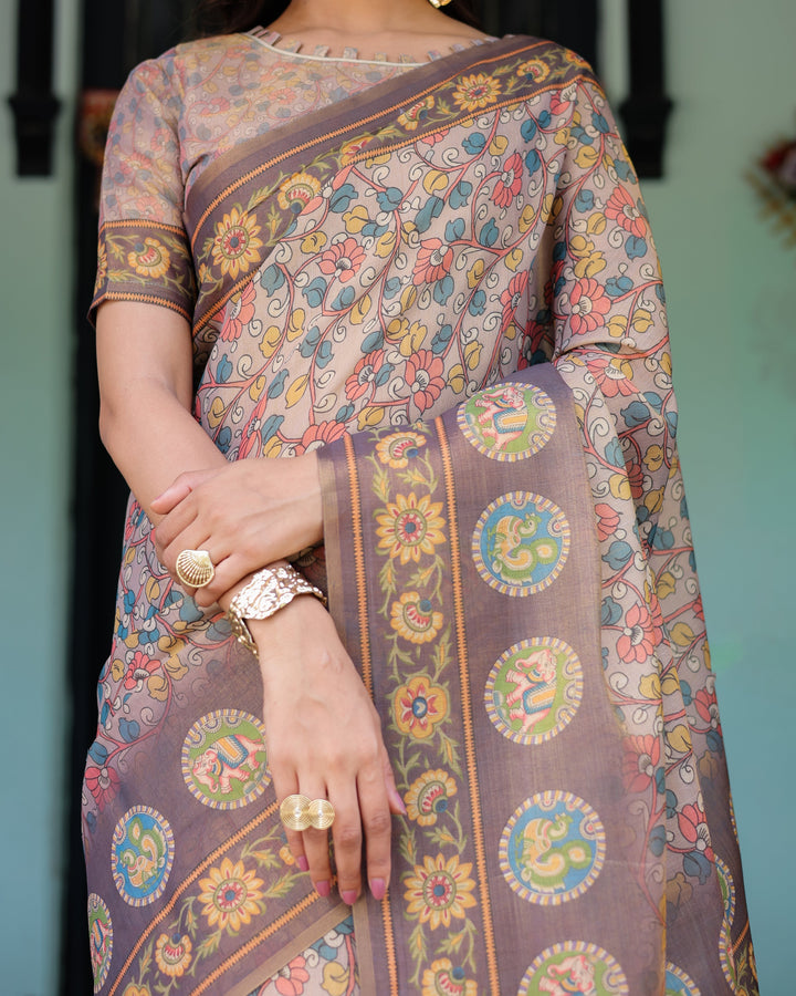 Mauve Beige Handloom Cotton Saree with Pastel Floral Print & Royal Tree-Elephant Pallu