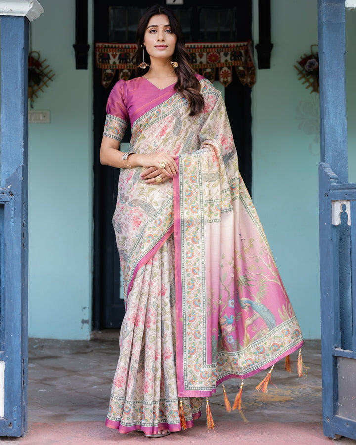 Lavender Beige Handloom Cotton Saree with Floral Vine Print & Majestic Peacock Pallu