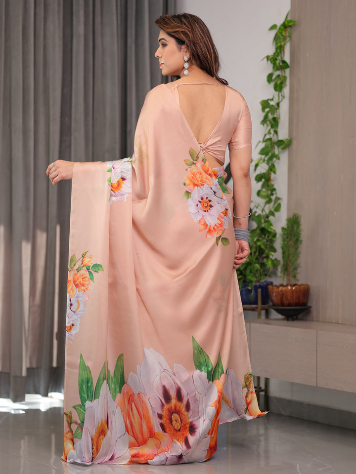 Peach Satin Georgette Floral Printed Saree with Attached Blouse – Soft Pastel Designer Saree for Festive & Elegant Wear
