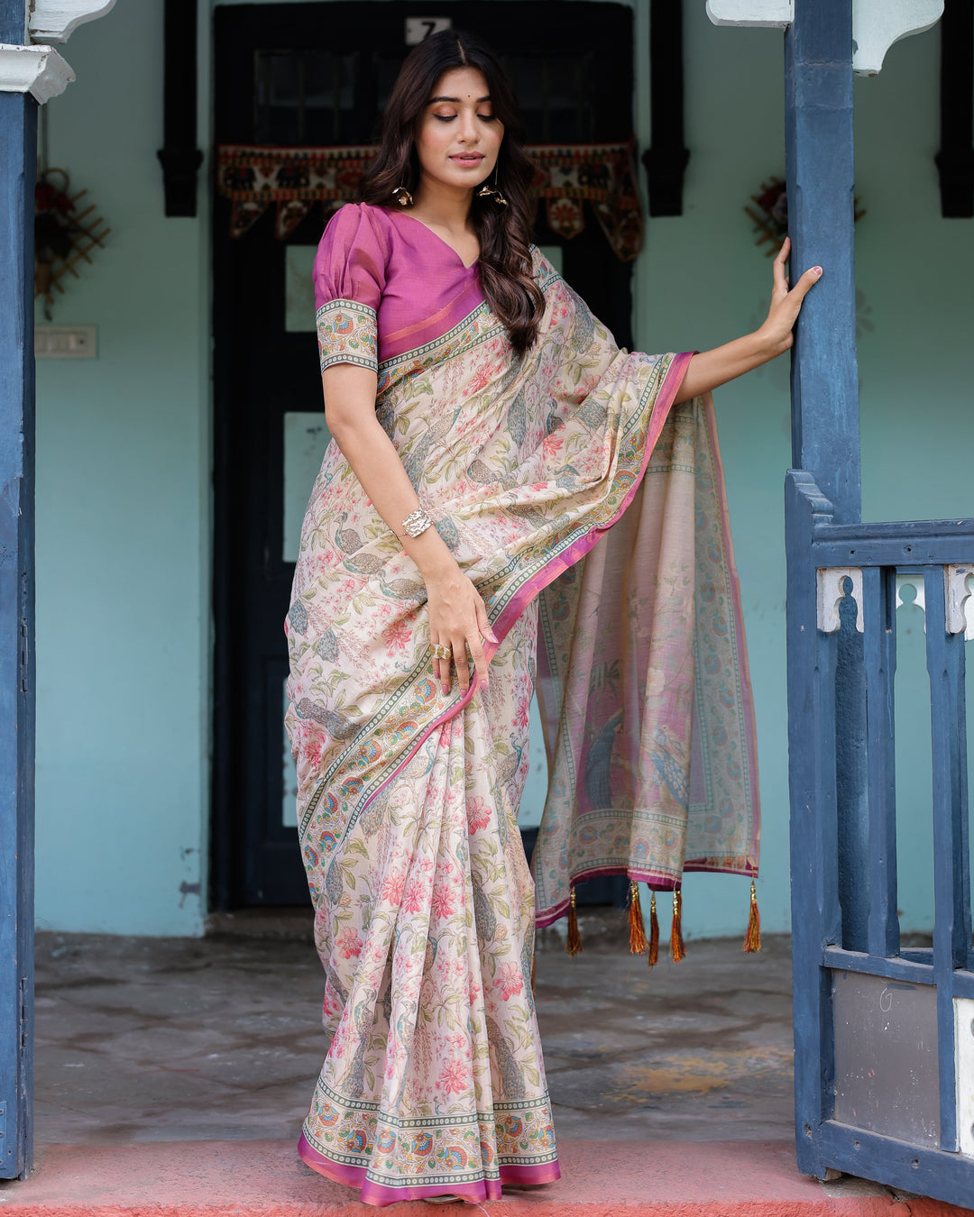 Lavender Beige Handloom Cotton Saree with Floral Vine Print & Majestic Peacock Pallu