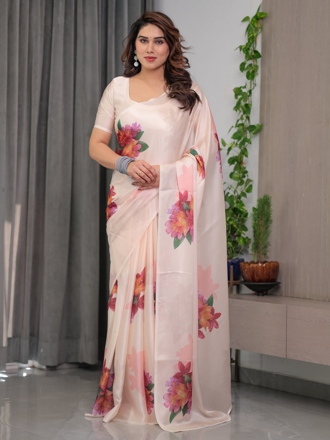 Blush Peach Satin Georgette Floral Printed Saree with Attached Blouse – Soft Pastel Designer Saree for Elegant & Festive Wear
