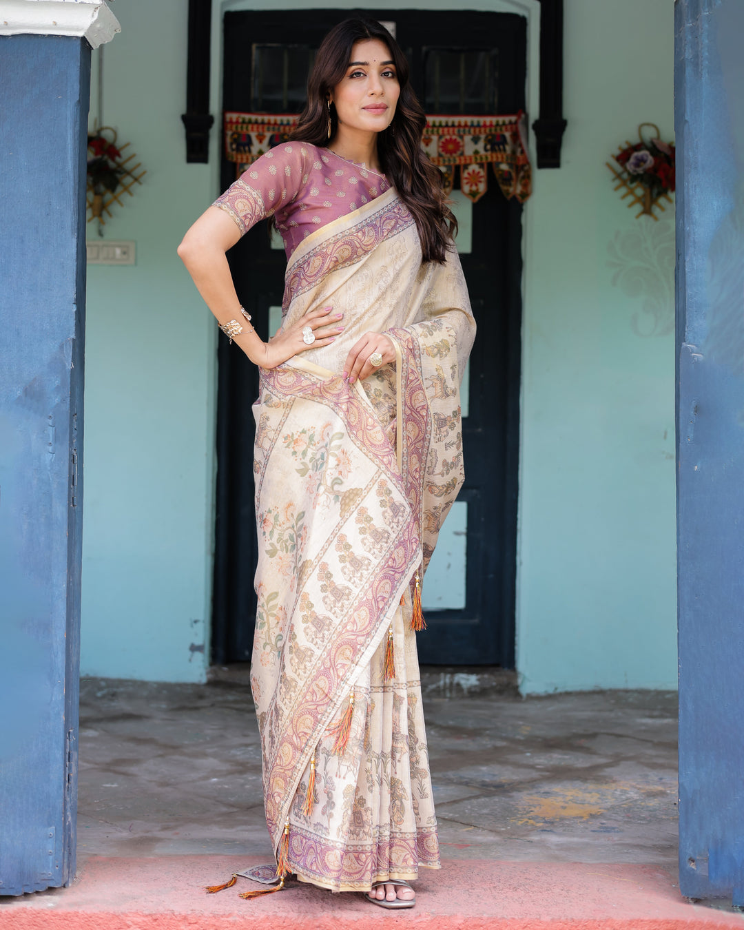 Beige Mauve Handloom Cotton Saree with Subtle Ramayan Print and Heritage Motif Pallu