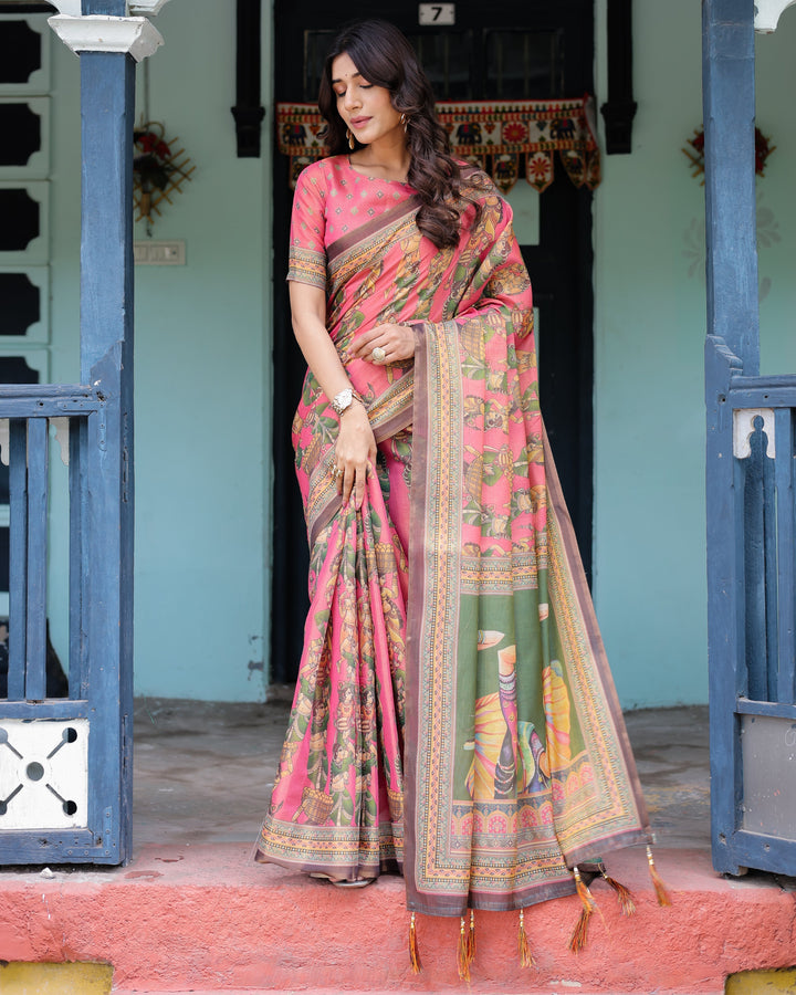 Coral Pink Handloom Cotton Saree with Traditional Folk Procession Print & Classical Dance Pallu
