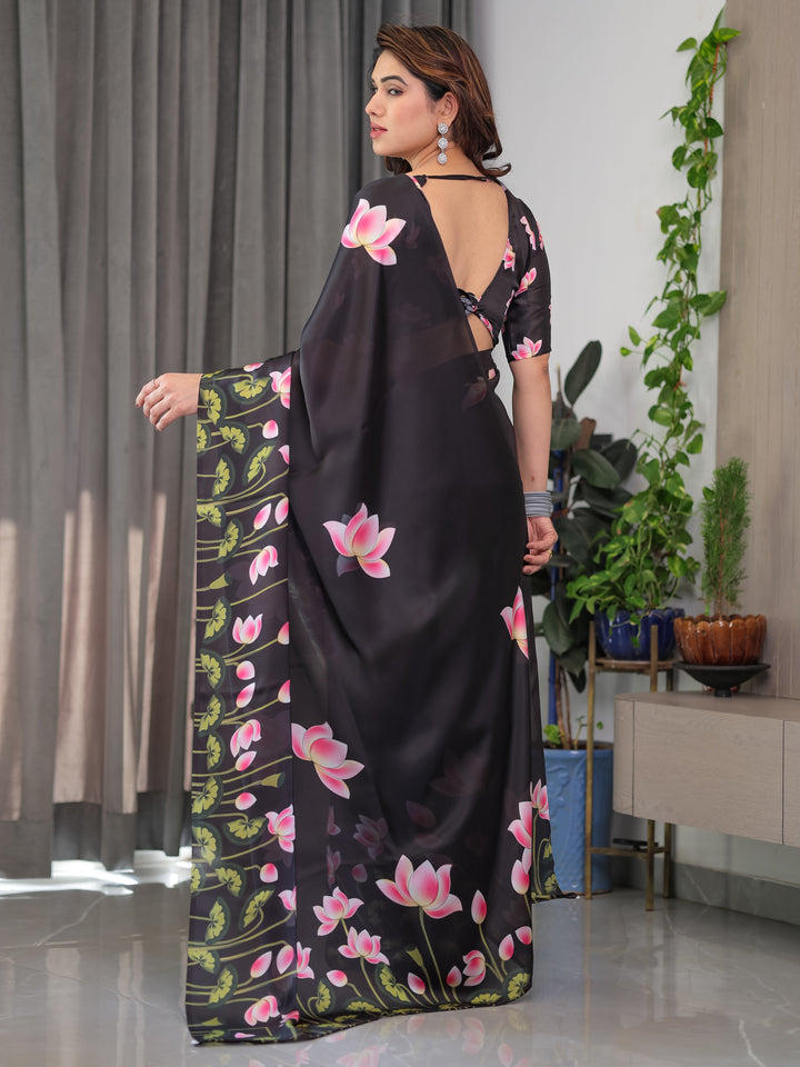 Black Satin Georgette Lotus Floral Printed Saree with Attached Blouse – Elegant Designer Saree for Festive & Evening Wear