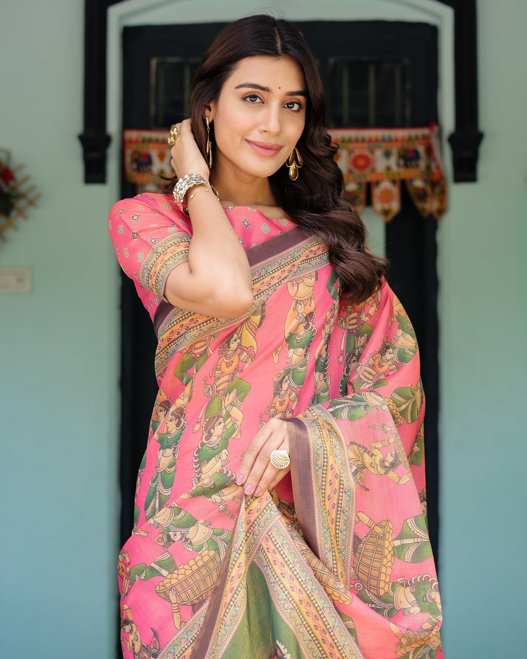 Coral Pink Handloom Cotton Saree with Traditional Folk Procession Print & Classical Dance Pallu