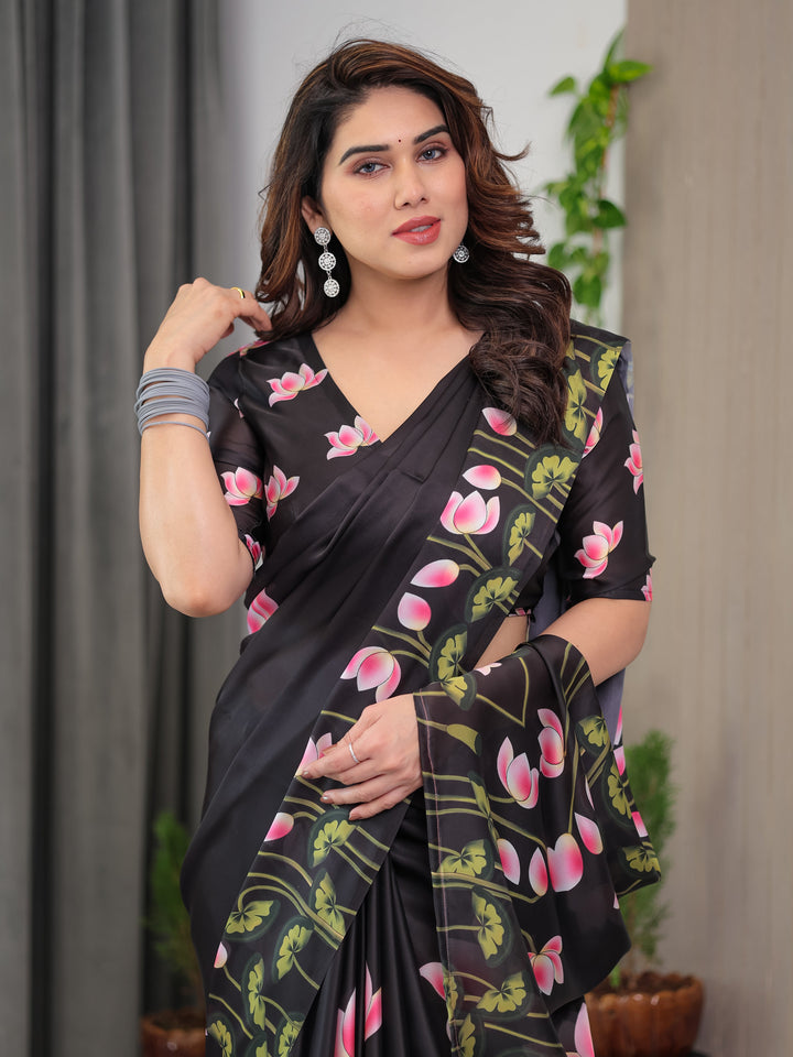Black Satin Georgette Lotus Floral Printed Saree with Attached Blouse – Elegant Designer Saree for Festive & Evening Wear