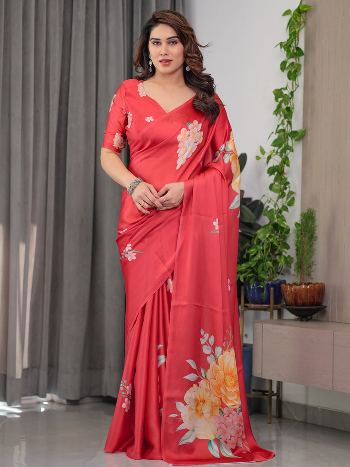 Coral Red Satin Georgette Floral Printed Saree with Attached Blouse – Elegant Designer Saree for Festive & Party Wear