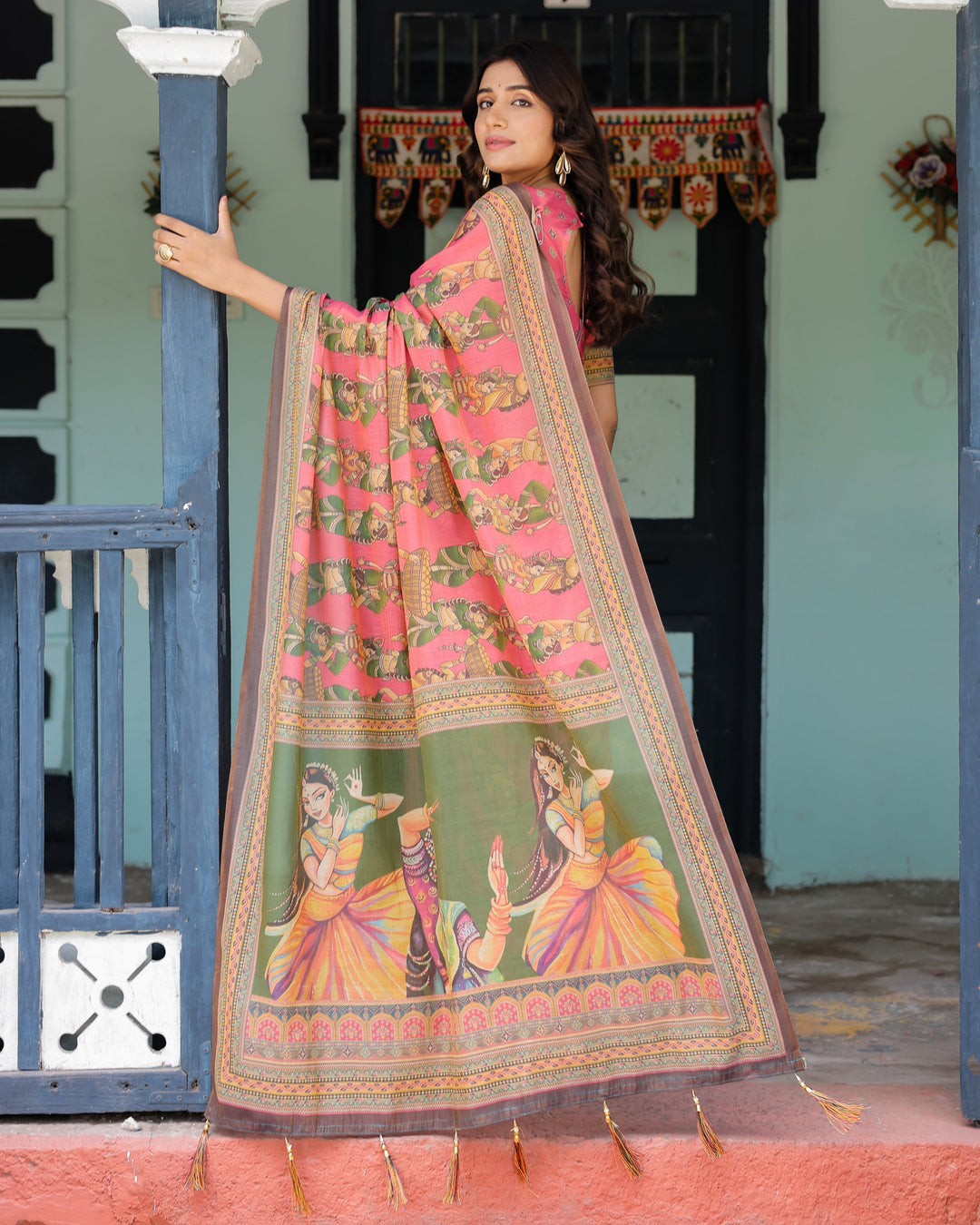 Coral Pink Handloom Cotton Saree with Traditional Folk Procession Print & Classical Dance Pallu
