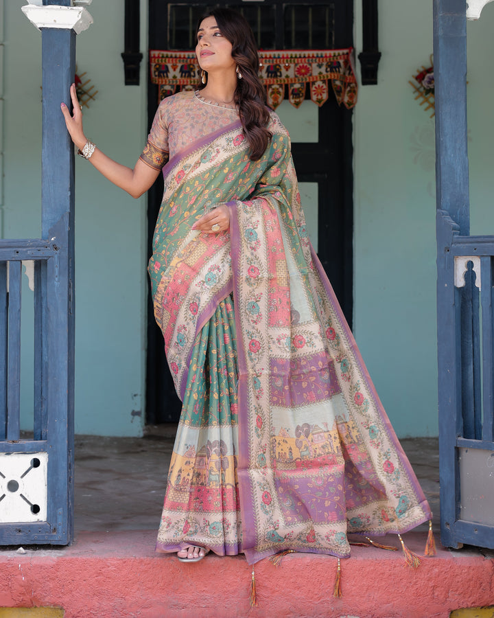 Green Lavender Handloom Cotton Saree with Floral Vines & Heritage Village Pallu