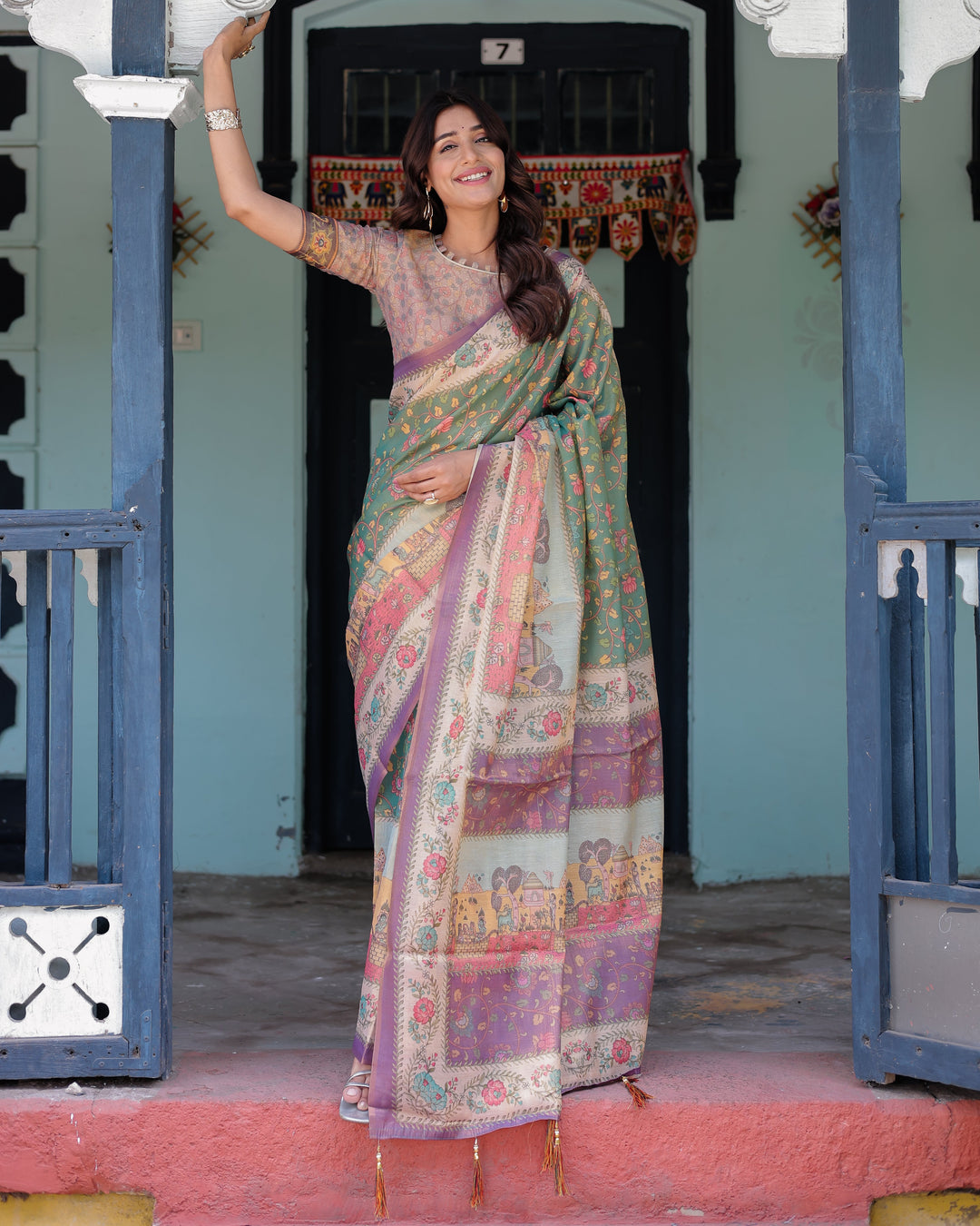 Green Lavender Handloom Cotton Saree with Floral Vines & Heritage Village Pallu