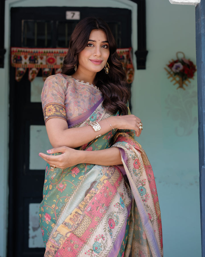 Green Lavender Handloom Cotton Saree with Floral Vines & Heritage Village Pallu