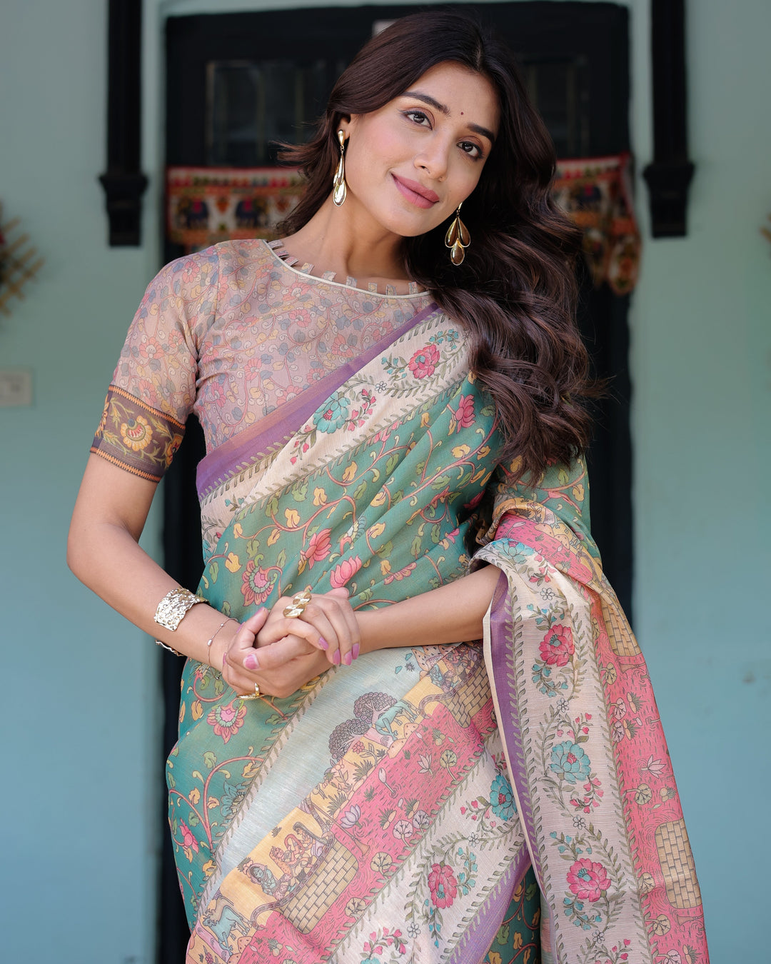 Green Lavender Handloom Cotton Saree with Floral Vines & Heritage Village Pallu