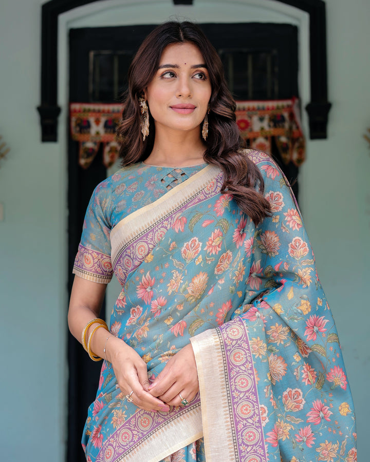 Aqua Blue Handloom Cotton Saree with Multicolor Floral Print & Royal Simha-Pakshi Pallu