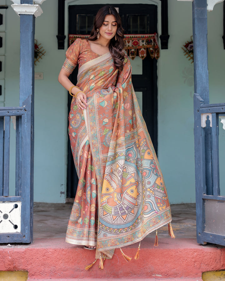 Terracotta Handloom Cotton Saree with Blooming Floral Print & Madhubani Fish Pallu