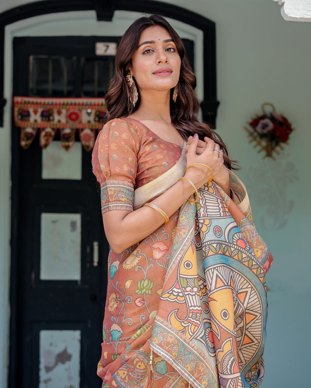 Terracotta Handloom Cotton Saree with Blooming Floral Print & Madhubani Fish Pallu