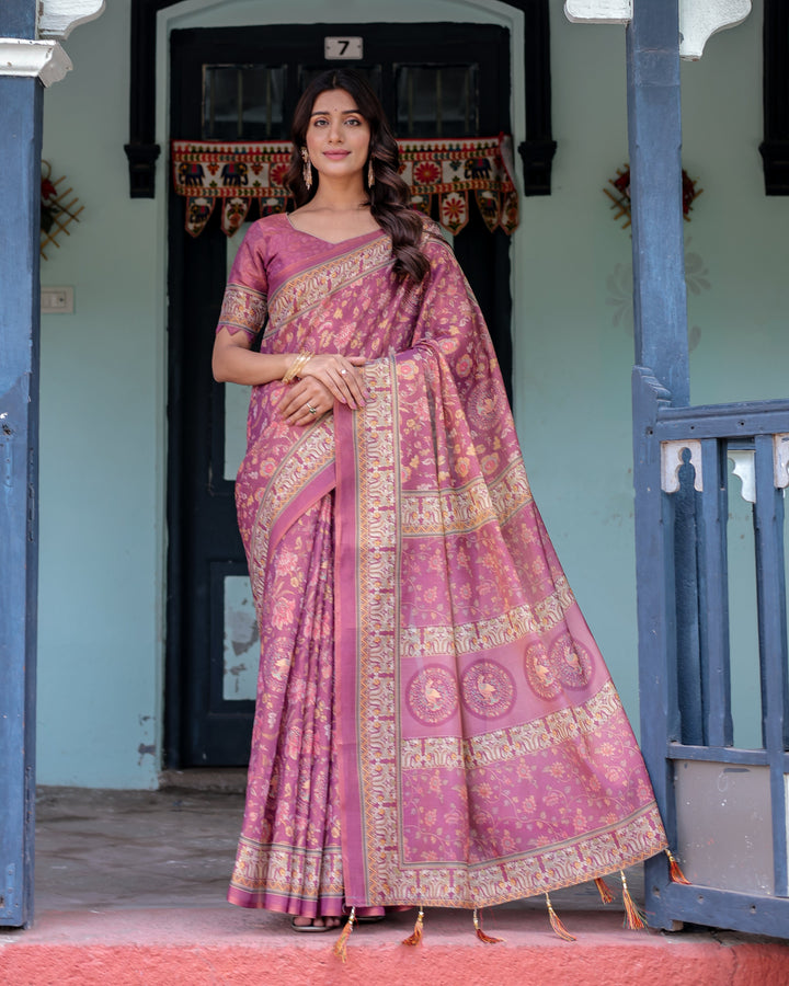 Plum Rose Handloom Cotton Saree with Floral Buttas & Traditional Peacock Medallion Pallu