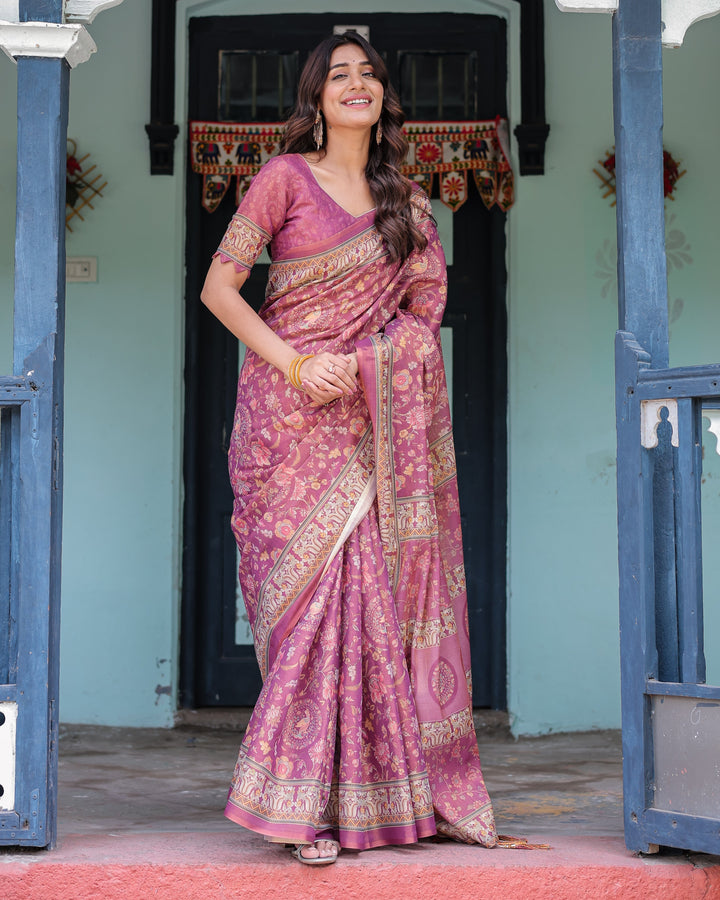 Plum Rose Handloom Cotton Saree with Floral Buttas & Traditional Peacock Medallion Pallu