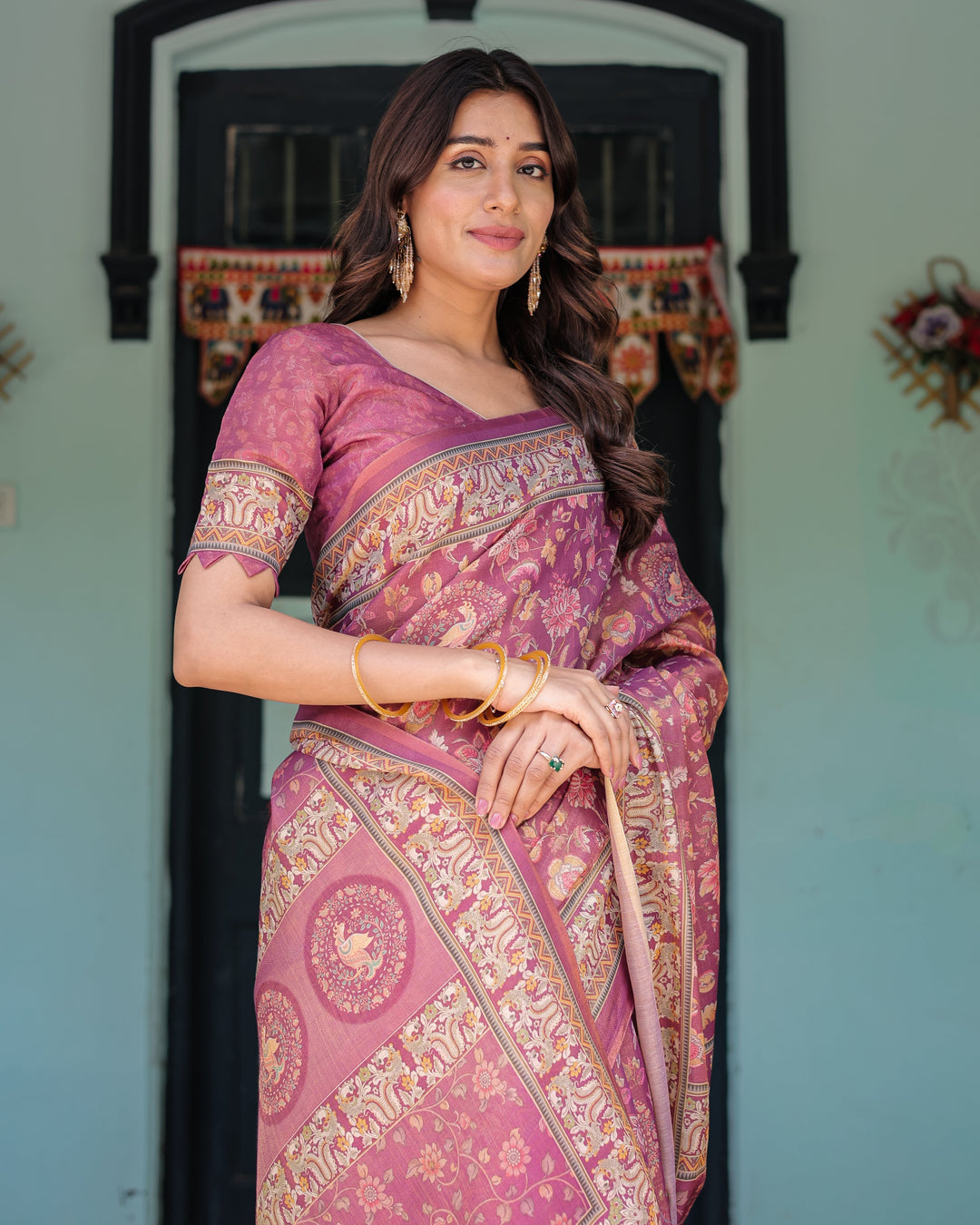 Plum Rose Handloom Cotton Saree with Floral Buttas & Traditional Peacock Medallion Pallu