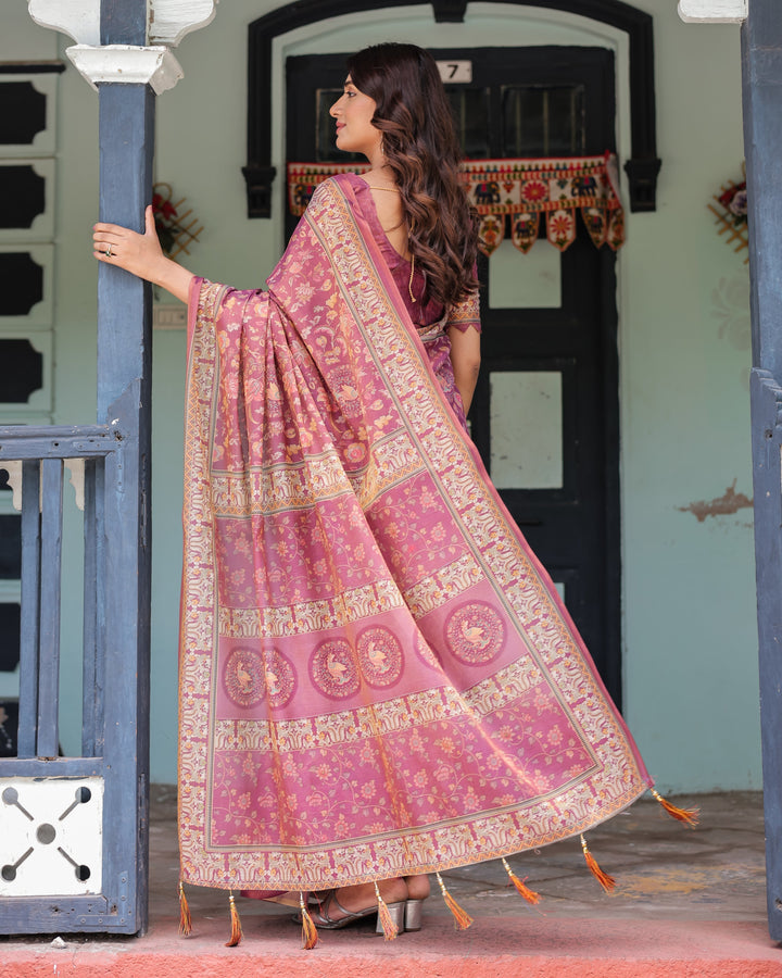 Plum Rose Handloom Cotton Saree with Floral Buttas & Traditional Peacock Medallion Pallu