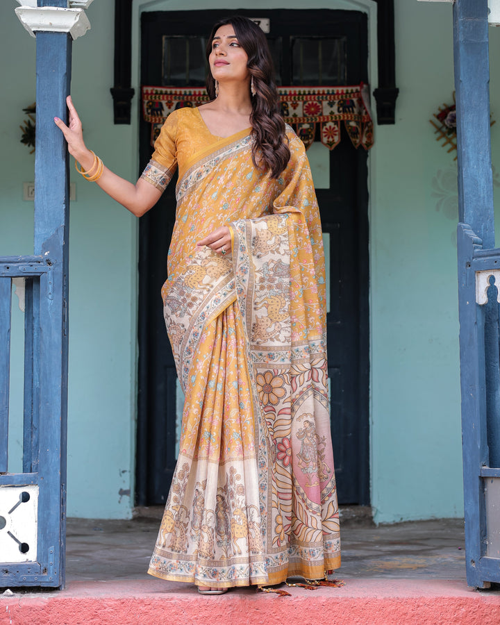 Golden Mustard Handloom Cotton Saree with Floral Vines & Graceful Deer Pallu