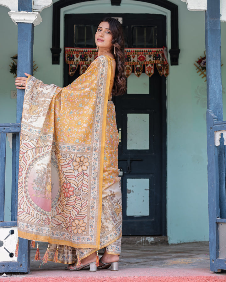 Golden Mustard Handloom Cotton Saree with Floral Vines & Graceful Deer Pallu