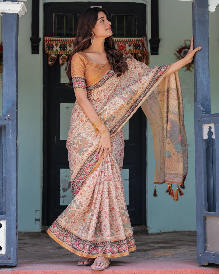 Beige & Maroon Handloom Cotton Saree with Floral Vine Print & Mythical Madhubani Cow Pallu