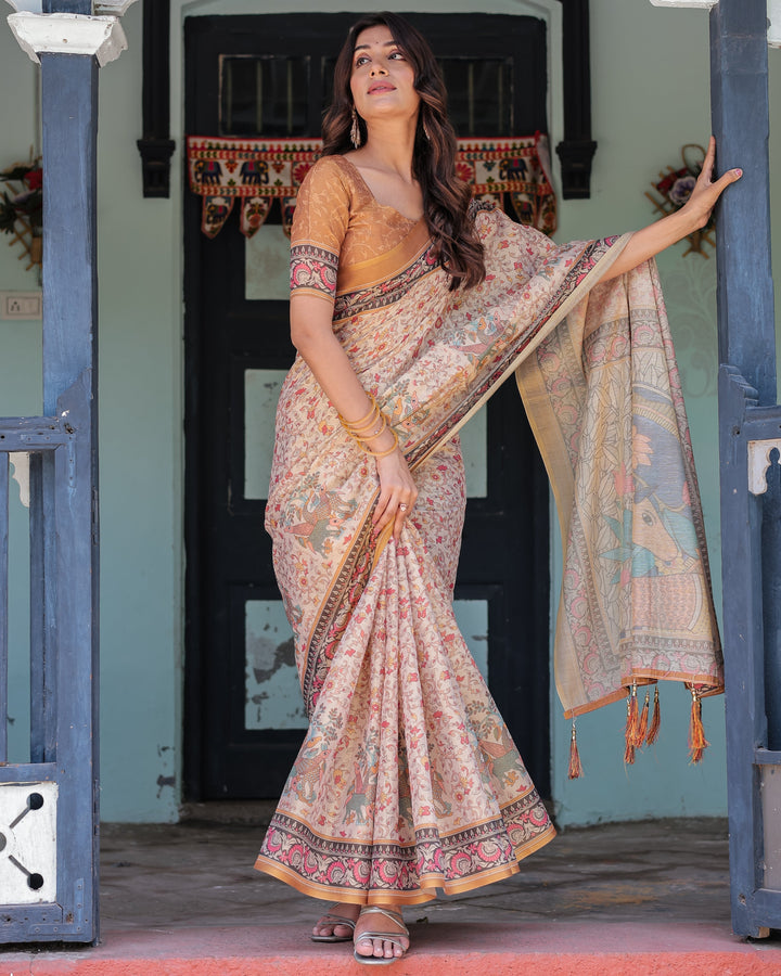 Beige & Maroon Handloom Cotton Saree with Floral Vine Print & Mythical Madhubani Cow Pallu