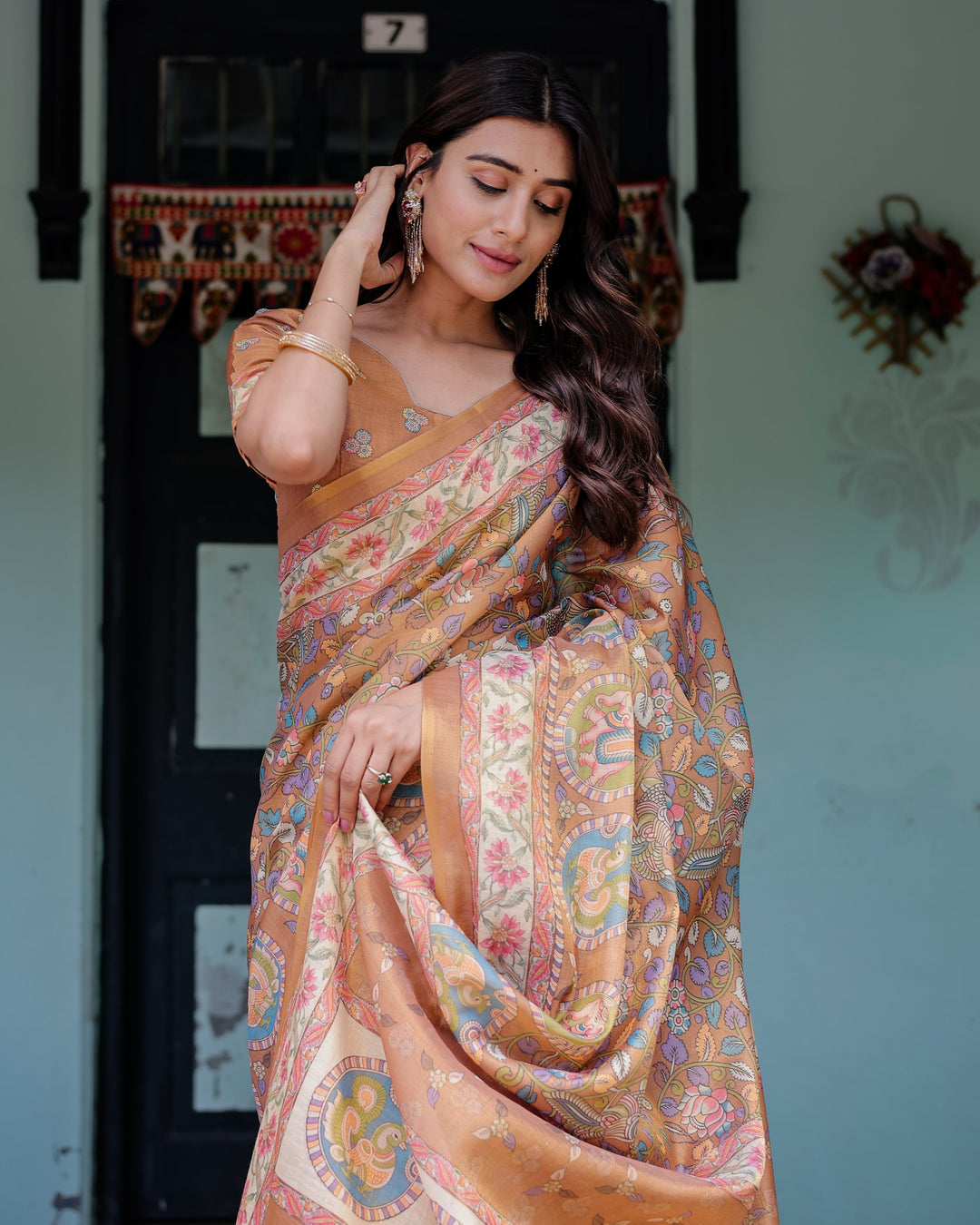 Terracotta Peach Handloom Cotton Saree with Multicolor Floral Vines & Kalamkari-Inspired Pallu