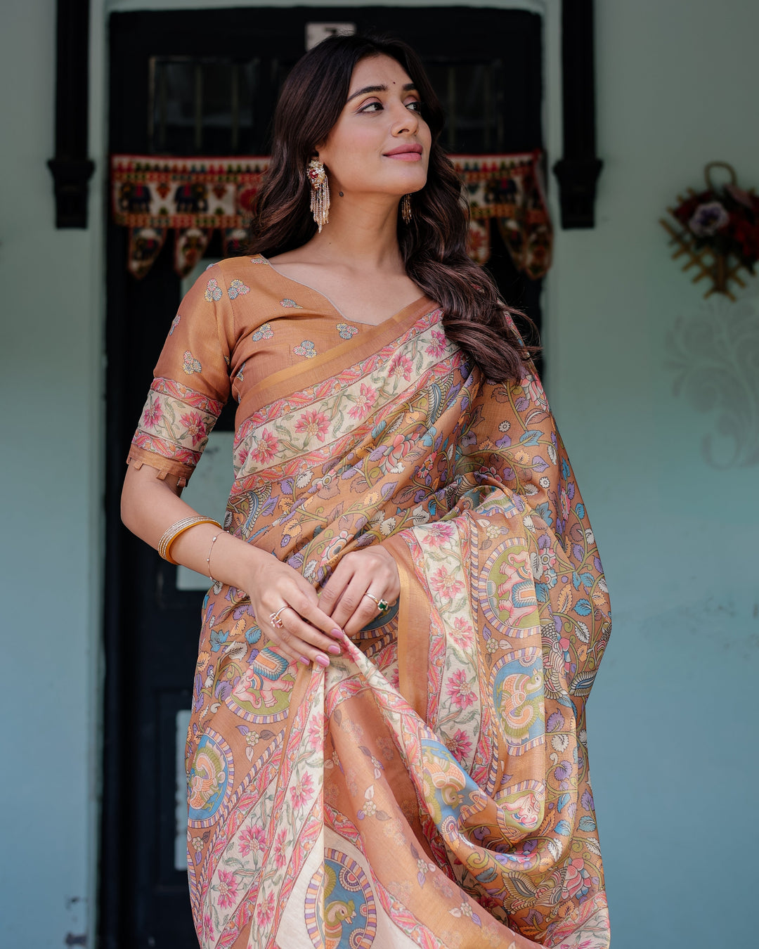 Terracotta Peach Handloom Cotton Saree with Multicolor Floral Vines & Kalamkari-Inspired Pallu